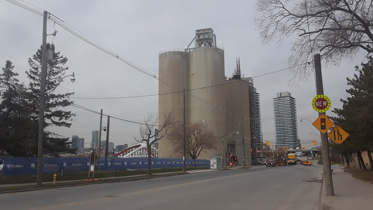 Cement storage silos at an industrial site